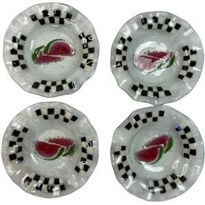 Watermelon Black Checker Print Frosted Glass Salad Bowl Plates Set of 4